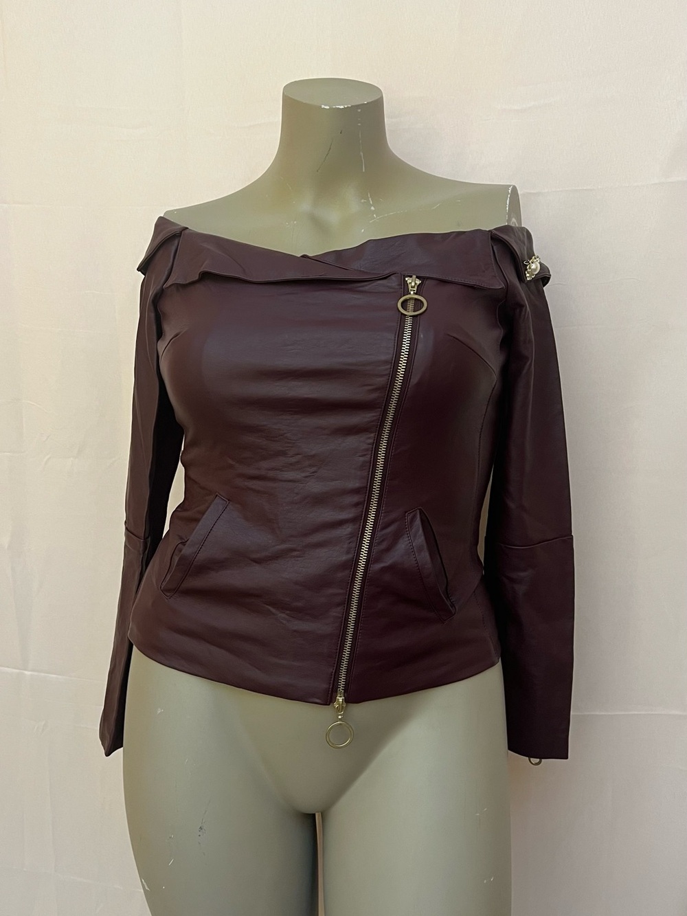 VENUS Off-Shoulder Wine Leather Jacket with Asymmetric Zip